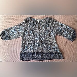 JOIE 100% Silk White Black Blue Paisley 3/4 Sleeve V Flowy Blouse Sheer M Artsy